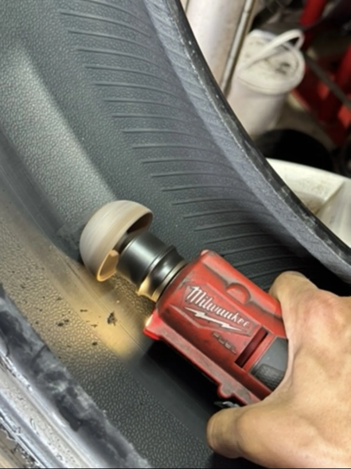 Puncture being repaired from inside the tyre at Landsborough Tyres