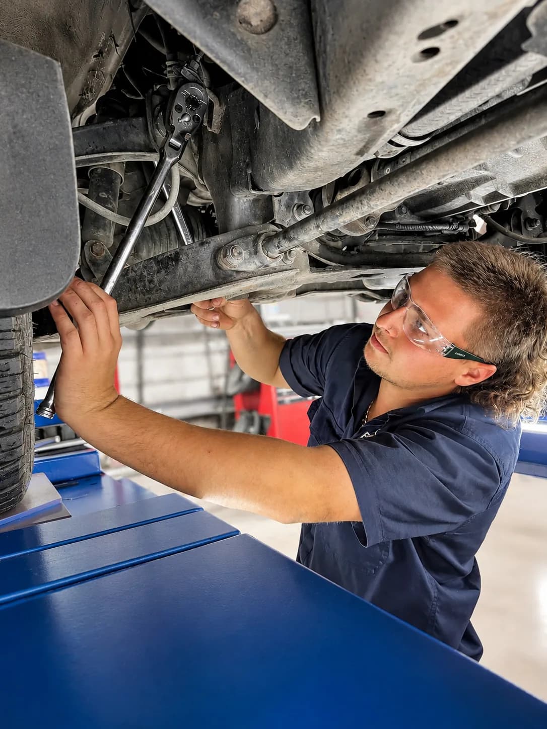Landsborough Tyres mechanic checking steering and suspension components on a vehicle hoist
